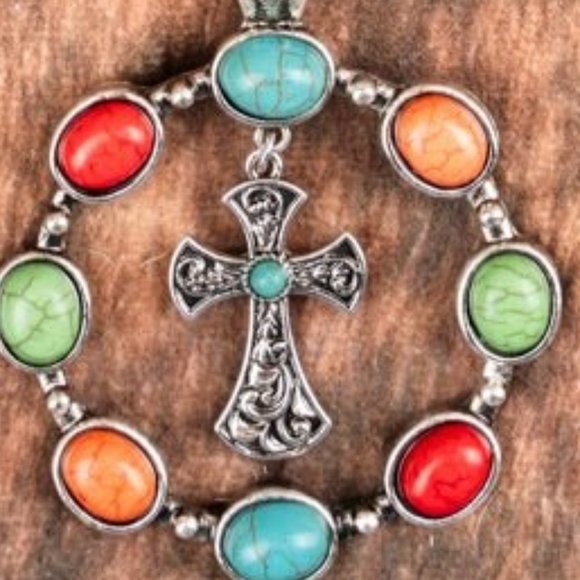 ❤️NWT BOUTIQUE MULTI-COLOR LOOP CROSS CORD & CHAIN NECKLACE & EARRING SET - Picture 2 of 3